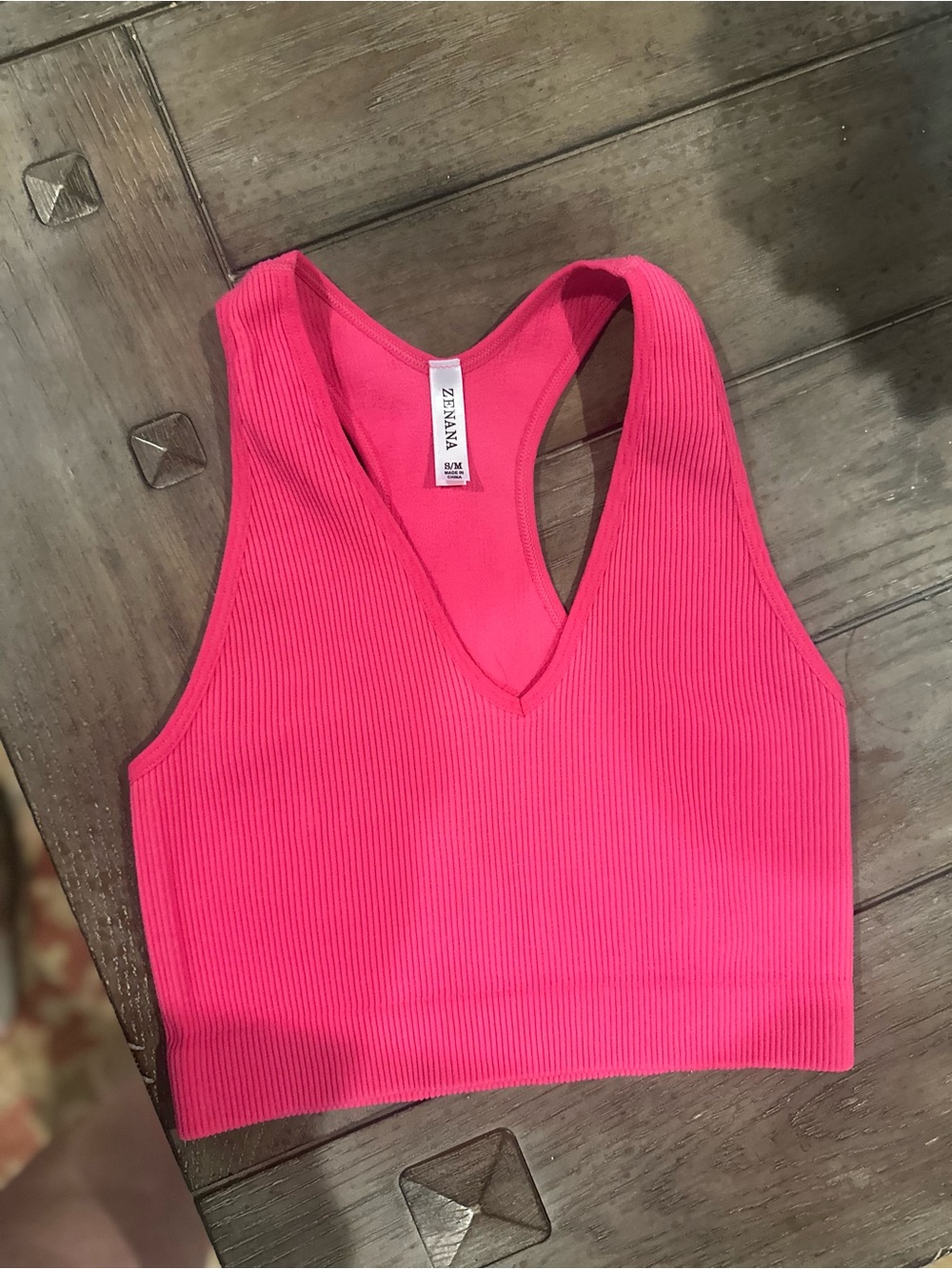 Zenana Outfitters Bright Pink Ribbed V-Neck Crop Top